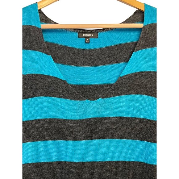 Express Women S Striped Sweater Dress Mini Blue/Black Nylon/Rayon/Wool Pockets - Picture 3 of 16